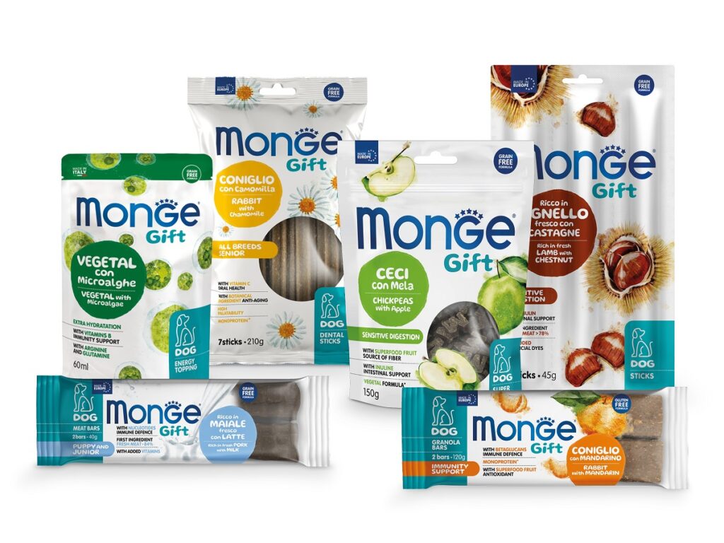 La linea di alimenti per animali Monge Gift presenta una vasta scelta di gusti tra cui poter scegliere