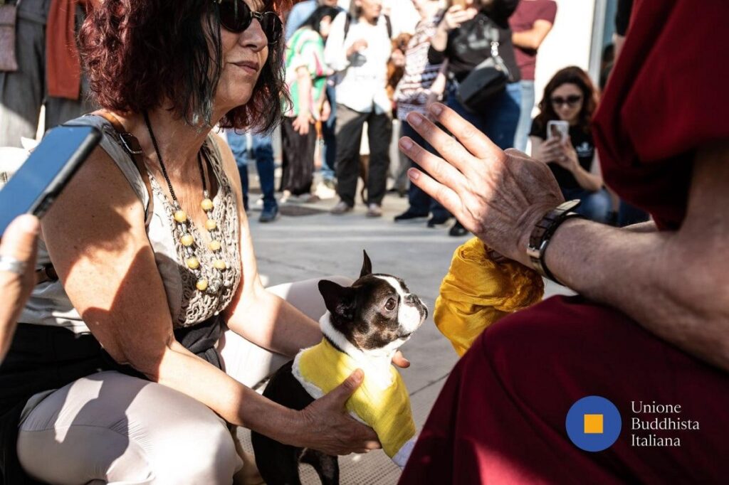 Un cane e la sua proprietaria ricevono la benedizione degli animali secondo la tradizione buddhista