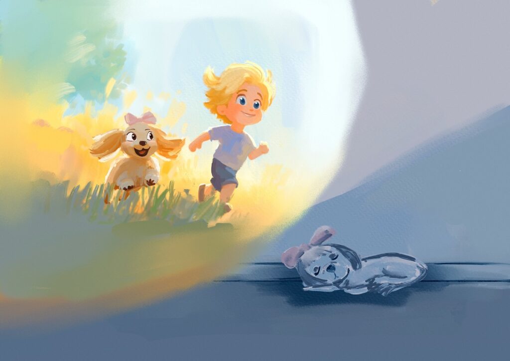 Un'illustrazione della favola "Quieta Nina, quieta!" realizzata da VIDAS: la cagnolina Nina sogna di correre con il piccolo Lucaa in un prato