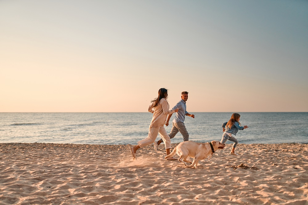 Vacanze con il cane: una famiglia corre felice con il proprio amico a quattro zampe su una spiaggia