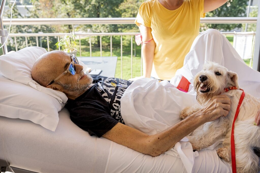 Pet therapy in hospice VIDAS: un cane si fa accarezzare da un paziente ospite della struttura