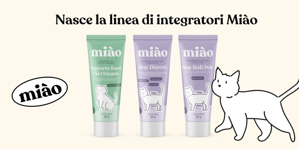 Tre confezioni di integratori naturali per gatti della linea Miào di Bàu in formato pasta appetibile per boli di pelo, diarrea e vie urinarie