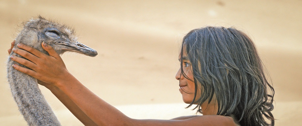 Il protagonista del film 'Il figlio del deserto' accarezza uno struzzo