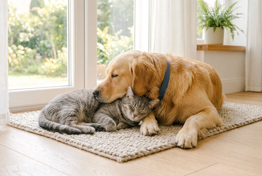 Un cane e un gatto dormono abbracciati sul tappeto di casa: secondo il Rapporto Italia 2026 sono in calo le famiglie italiane che accolgono un animale domestico